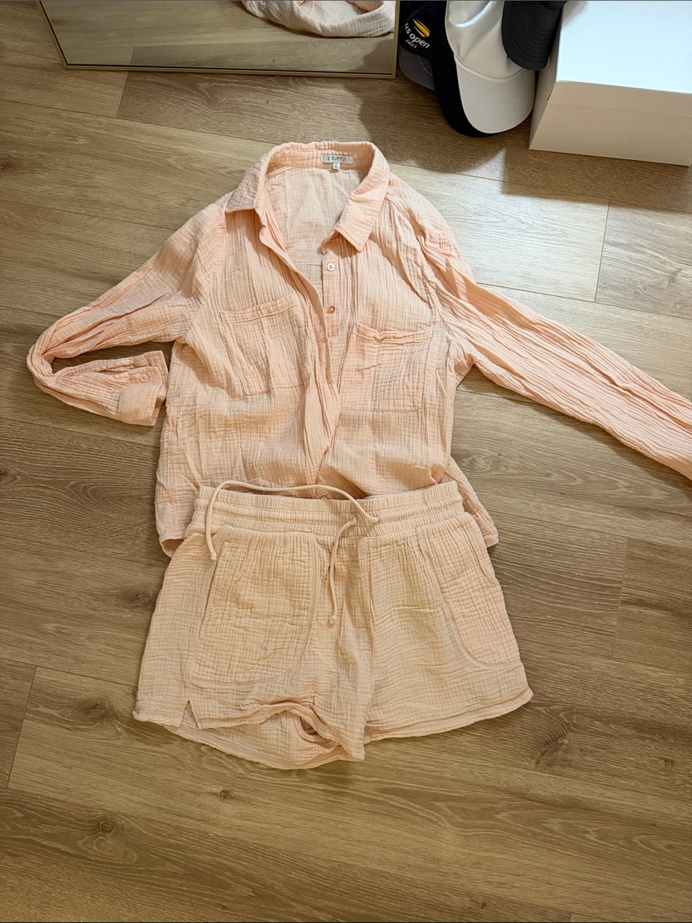 Z Supply Orange Button-Up Top and Drawstring Shorts